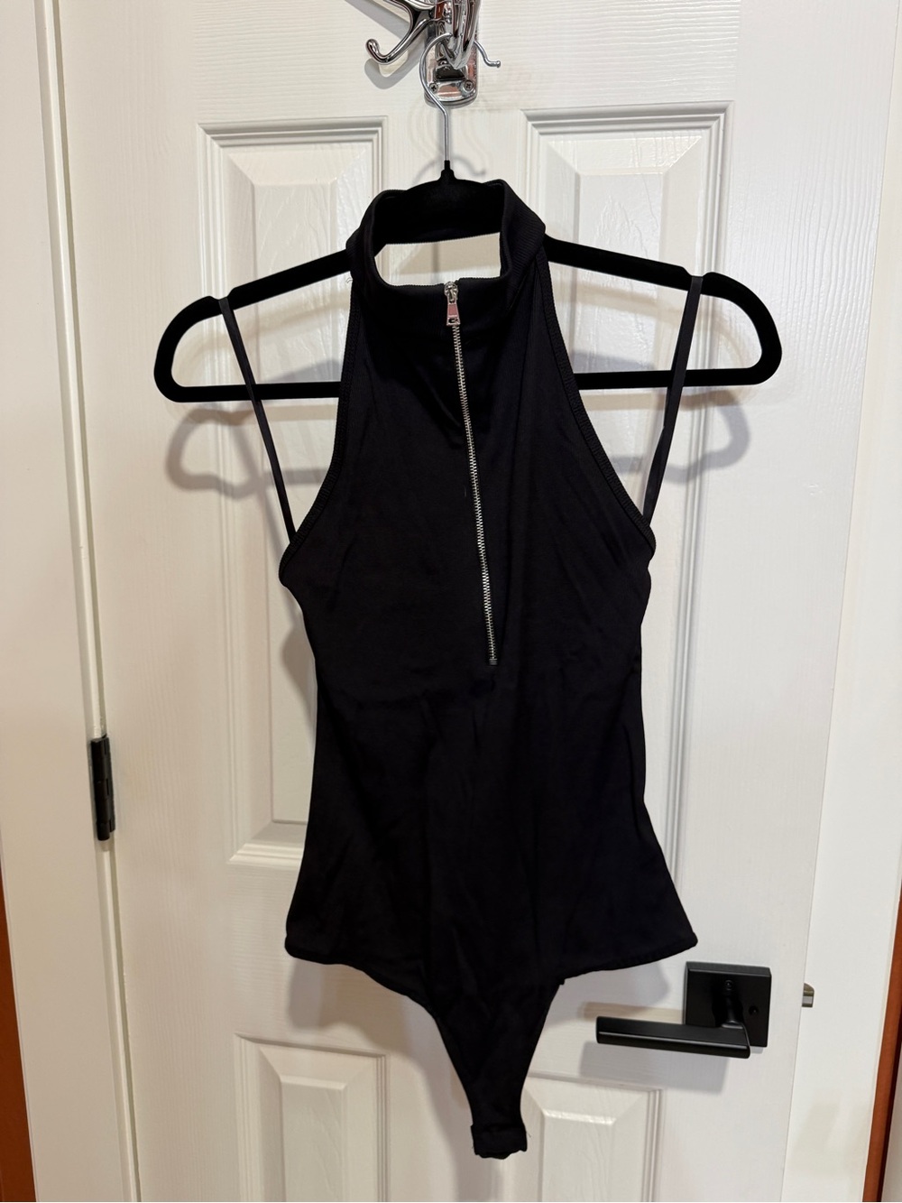 NWT bebe Black Halter Zip-Front One-Piece Bodysuit
